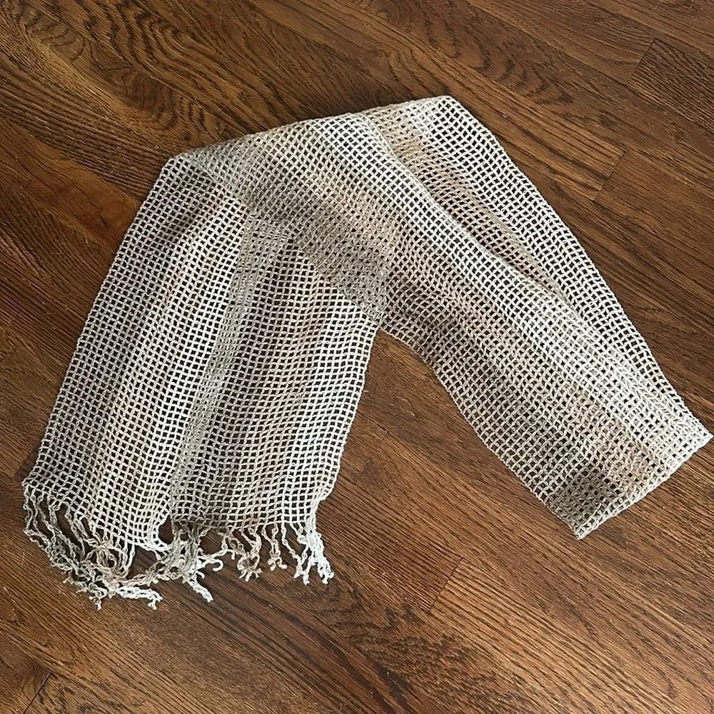 Vintage 70s/80s Open Crochet Weave Brown, Tan & Cream‎ Scarf with Fringe Hem